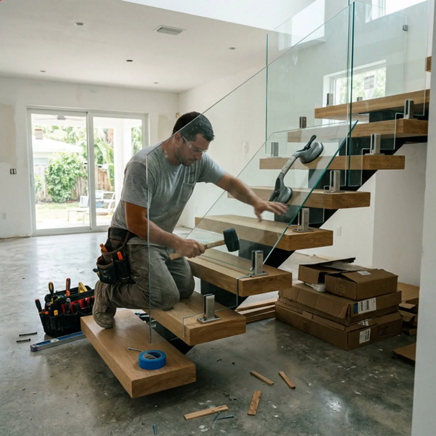 Custom floating stair installation in Palm Beach home