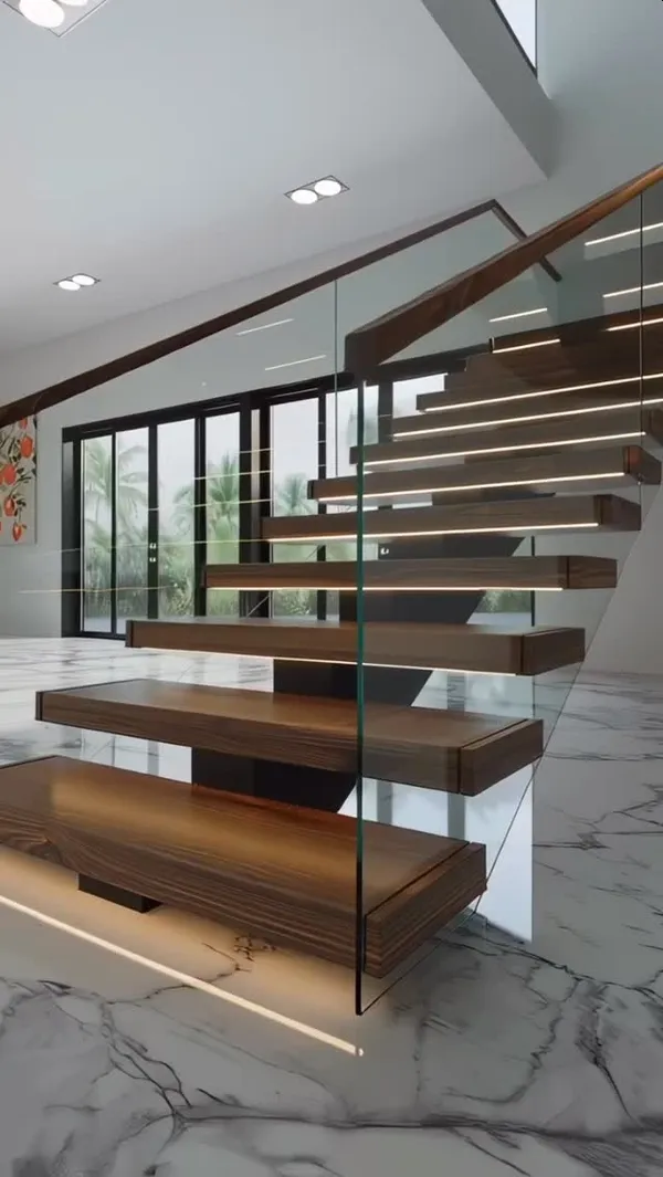 Premium Hardwood Floating Stair Customization completed installation in Palm Beach, FL